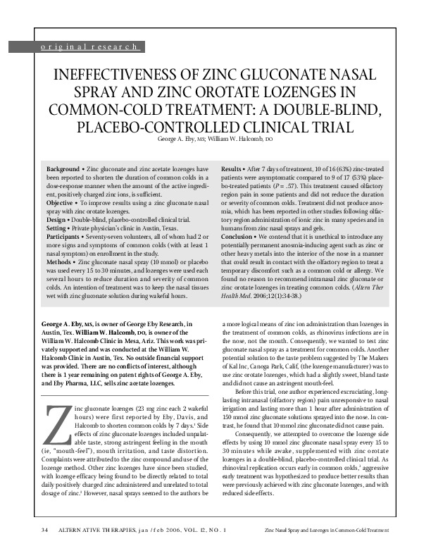 Ineffectiveness of zinc gluconate nasal spray and zinc orotate lozenges in common-cold treatment: a double-blind, placebo-controlled clinical trial