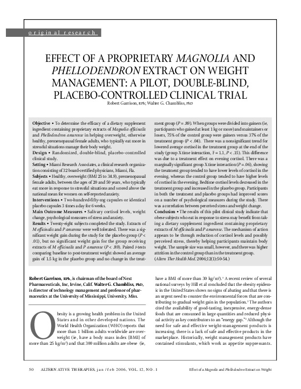 Effect of a proprietary magnolia and phellodendron extract on weight management: a pilot, double-blind, placebo-controlled clinical trial