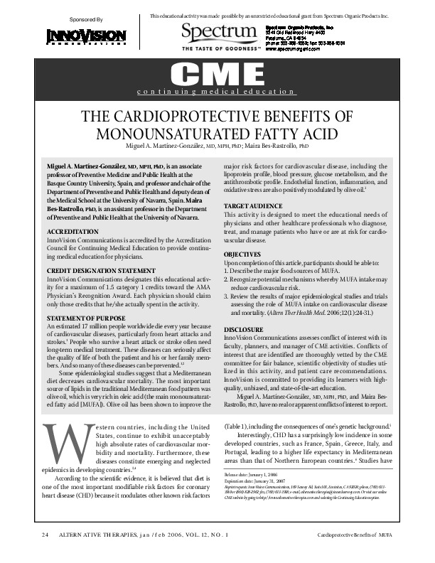 The cardioprotective benefits of monounsaturated fatty acid
