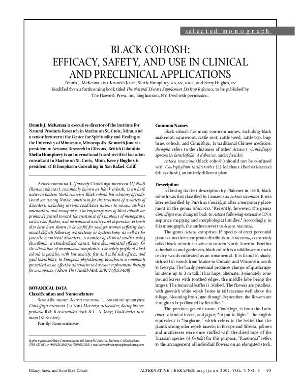 Black cohosh efficacy, safety, and use in clinical and preclinical