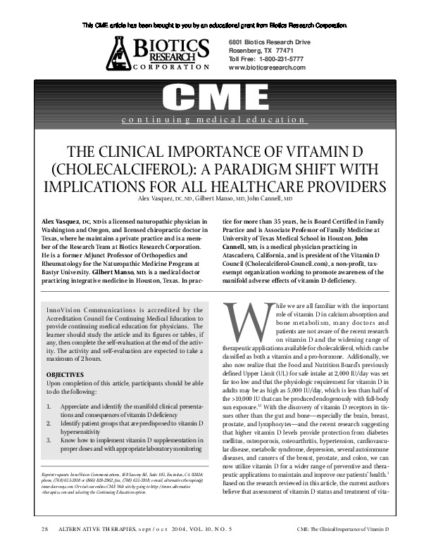 The clinical importance of vitamin D (cholecalciferol) a paradigm