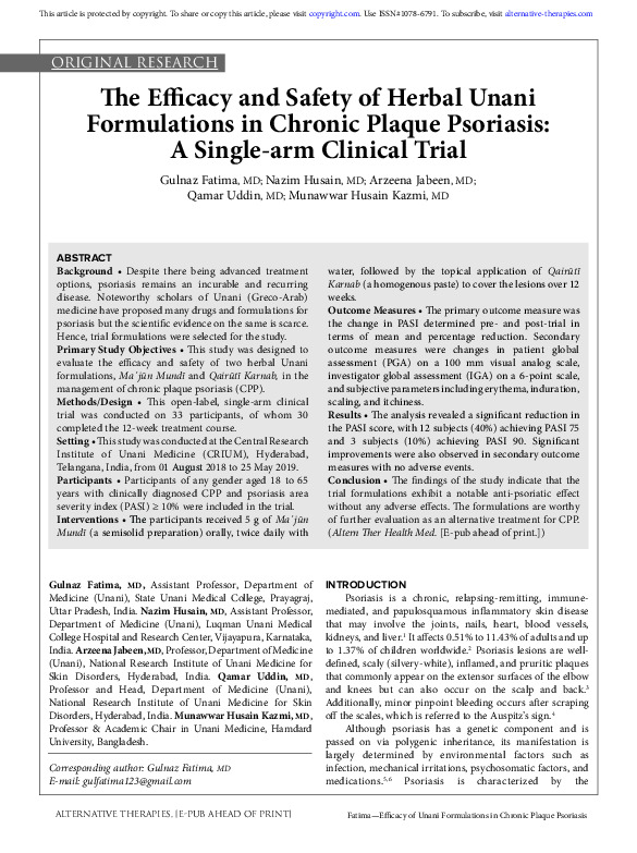 The Efficacy and Safety of Herbal Unani Formulations in Chronic Plaque