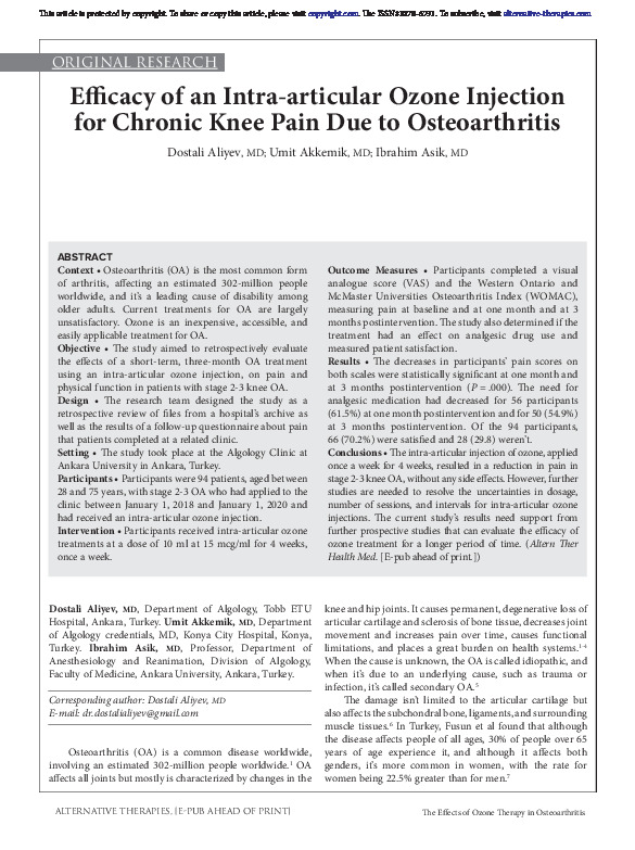 Efficacy of an Intraarticular Ozone Injection for Chronic Knee Pain