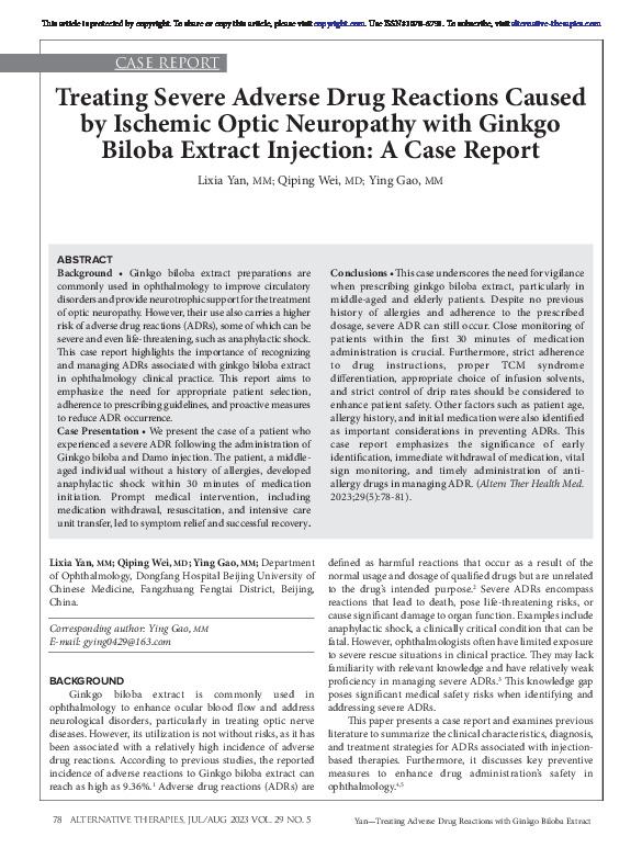 Treating Severe Adverse Drug Reactions Caused by Ischemic Optic