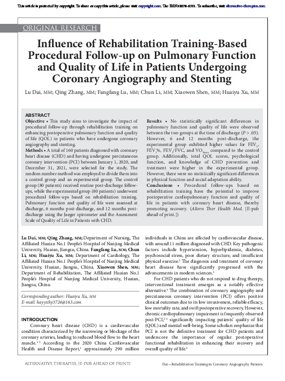Influence of Rehabilitation Training-Based Procedural Follow-up on Pulmonary Function and Quality of Life in Patients Undergoing Coronary Angiography and Stenting