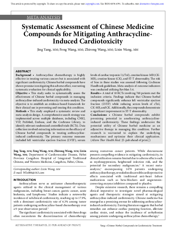Systematic Assessment of Chinese Medicine Compounds for Mitigating Anthracycline-Induced Cardiotoxicity