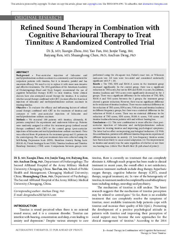 Refined Sound Therapy in Combination with Cognitive Behavioural Therapy to Treat Tinnitus: A Randomized Controlled Trial