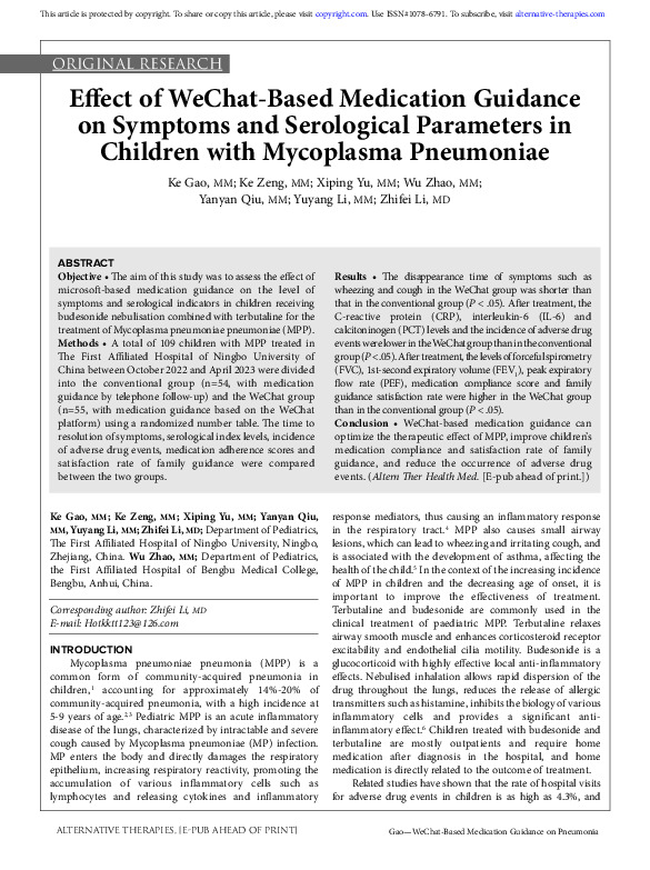 Effect of WeChat-Based Medication Guidance on Symptoms and Serological Parameters in Children with Mycoplasma Pneumoniae