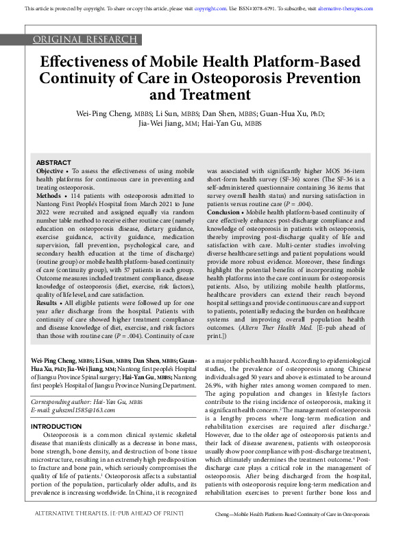 Effectiveness of Mobile Health Platform-Based Continuity of Care in Osteoporosis Prevention and Treatment