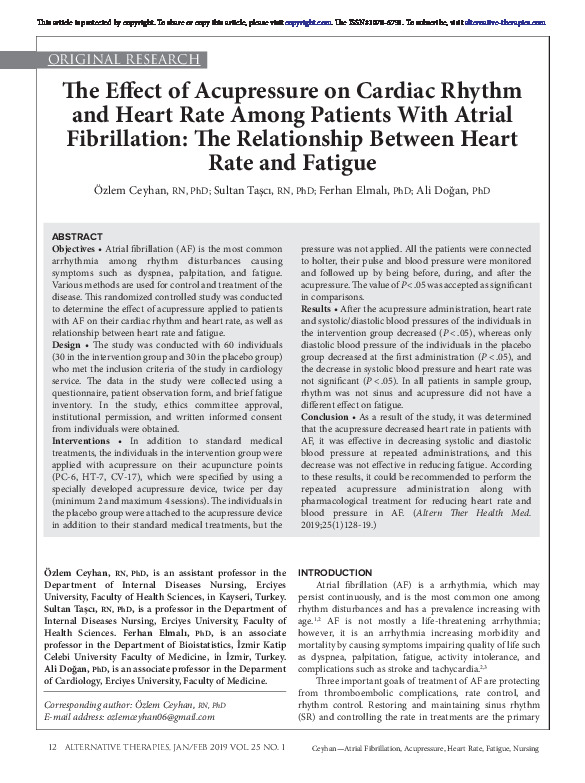 The Effect of Acupressure on Cardiac Rhythm and Heart Rate Among