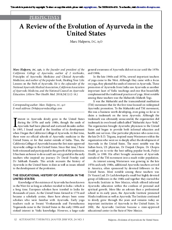 A Review of the Evolution of Ayurveda in the United States